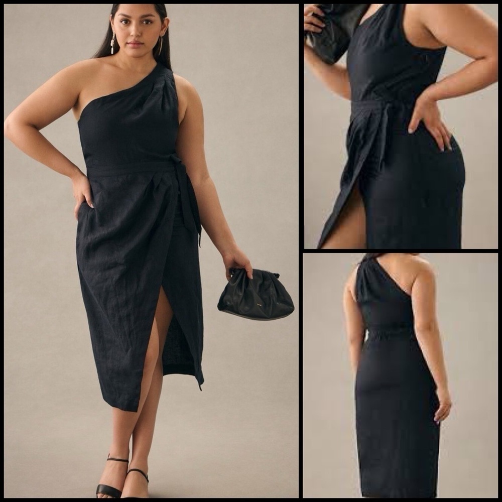 Anthropologie Linen Elegant Black One-Shoulder High Slit Coquette Midi Dress 2
